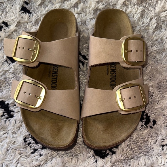 Birkenstock Shoes - Birkenstock Two-Strap Sandals Beige with Gold Buckles